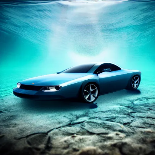 Image similar to hyperrealistic photo of a car underwater, 4 k, 8 k, thin film, full shot