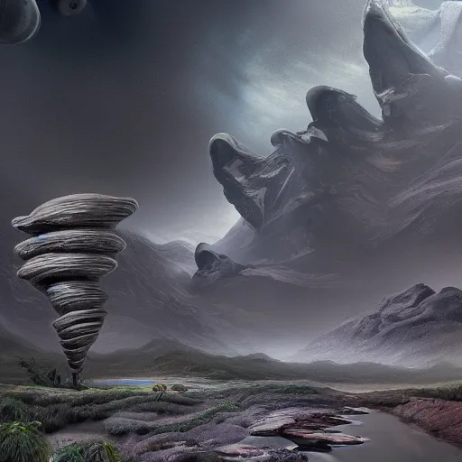 Image similar to Surreal alien landscape, realistic, extremely detailed, 8k HD, trending on artstation