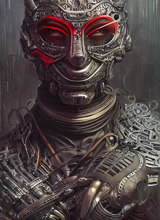 Image similar to cybernetic cyberpunk mf doom reptile eyes, cyber metal skin, modular synth body, intricate, elegant, highly detailed, centered, digital painting, artstation, concept art, smooth, sharp focus, illustration, artgerm, tomasz alen kopera, peter mohrbacher, donato giancola, joseph christian leyendecker, wlop, frank frazetta