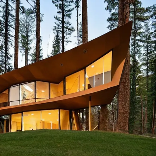 Image similar to a modern house in the woods, surrounded by pine trees. the house is the shape of a mobius strip with large picture windows.