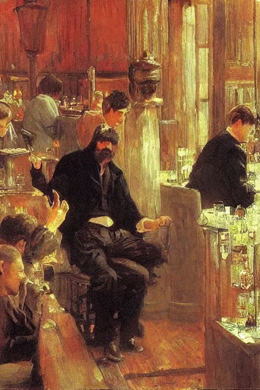 Image similar to lucifer drinking in a modern pub. art by ilya repin.