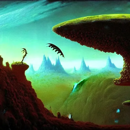 Prompt: flying alien creatures on an alien landscape, painted by beksinski, 4 k, intricate details, unreal engine, dynamic lighting