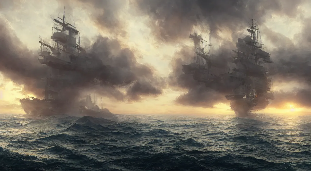 Prompt: hyper realistic detailed matte painting of one fregata ship sailing towards the rising sun, beautiful calm weather, calm foggy ocean, sunset lighting, hyperdetailed unreal engine 8 k ultra hd, stanley artgerm lau, rossdraws, james jean marc simonetti ruan jia and mandy jurgens and artgerm and william illustration, digital art, concept art