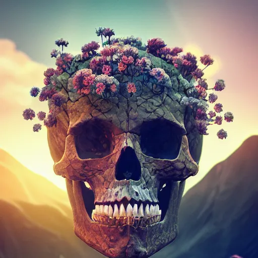 Prompt: beautiful dark landscape, justin sun skull head, beautiful flowers growing, in the style of beeple and mike winkelmann, intricate, epic lighting, cinematic composition, hyper realistic, 8 k resolution, unreal engine 5, raytracing, reflections, ultraviolet colors