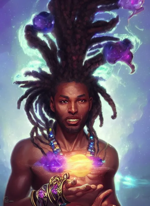 Image similar to handsome black man casting magical spells with powerful crystals, beaded dreadlocks and kemetic imagery, digital painting artstation, concept art, matte, sharp focus, illustration, dramatic exploding nebulae, hearthstone, art by artgerm and greg rutkowski and alphonse mucha