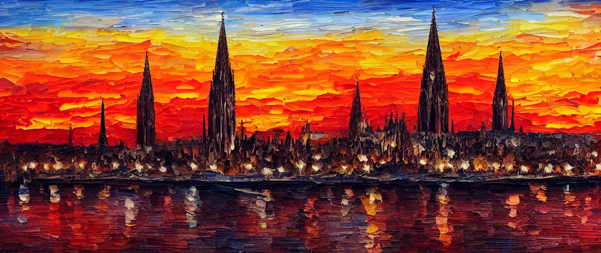 Prompt: burning oil painting of cologne, sunset, red color palette, high details, 4 k