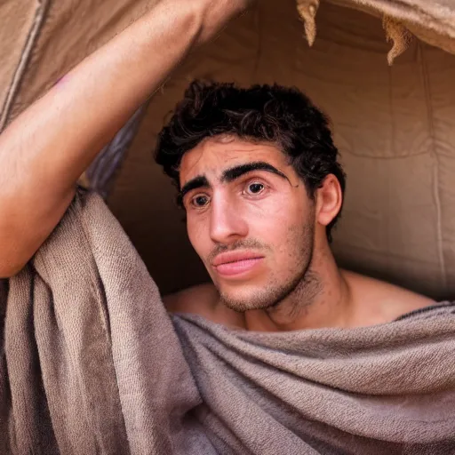 Prompt: Photograph of Surprised 25 year old man with Mediterranean features in ancient Canaanite clothing wakes up in bed, shocked looking at his sleeping wife. Interior ancient tent. 40mm lens, shallow depth of field, split lighting