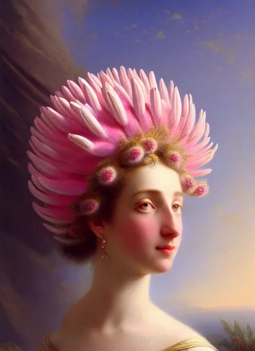 Image similar to stunning american godess princess, detailed pink and white protea head peace against a black backdrop by ivan aivazovsky, wlop, super sharp details, photorealism, canon 5 d, 5 0 mm lens, stunning photoshot, beautiful soft lighting, muted colours, artstation