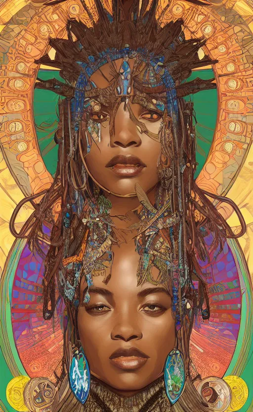 Image similar to upper half portrait of retro futuristic african tribal chief - embellished with vegetation and iridescent crystals, art by alphonso mucha, highly detailed, digital painting, concept art, illustration, smooth sharp focus, intricate, symmetry, artstation, colourful,