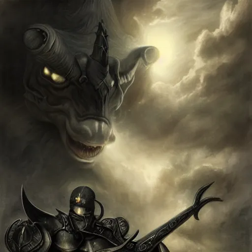 Image similar to By Tom Bagshaw and Boris Vallejo, ultra realist soft painting of a warzone by night, centered Gothic armored Minotaur standing, horror, omnious sky, symmetry accurate features, very intricate details, black and white, volumetric light clouds