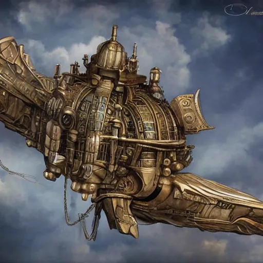 Prompt: flying city in a bronze lotus, sky, steampunk!!!, fantasy art, steampunk, masterpiece, octane
