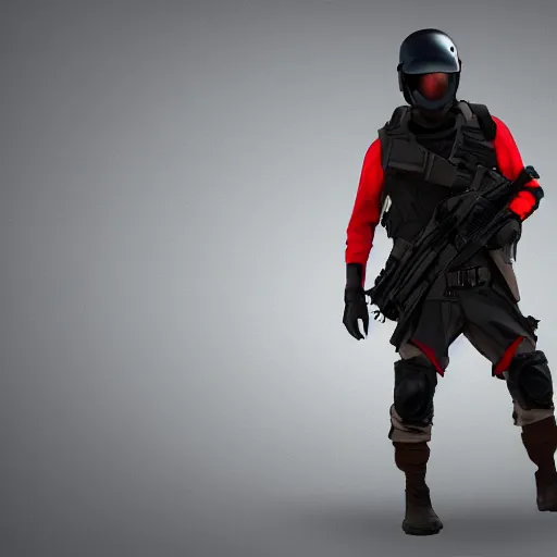 Image similar to futuristic insurgent wearing black helmet glossy visor, brown cloak, technical vest, and a backpack, photorealistic, digital art , red tint