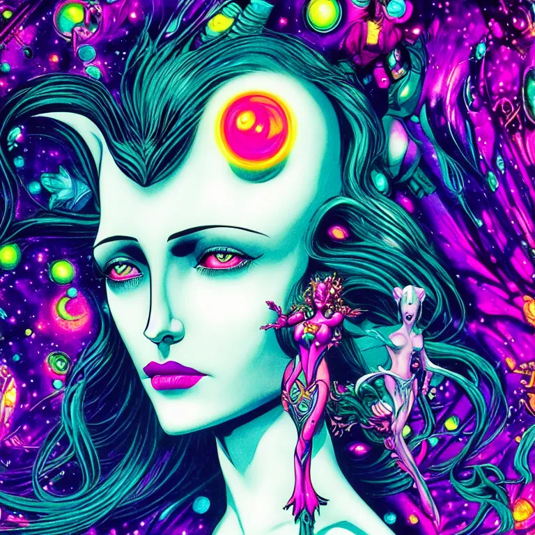 Image similar to cosmic maiden, head shot, mcu, realistic face, crystal, bright neon colors, highly detailed, cinematic, eyvind earle, tim white, philippe druillet, roger dean, lisa frank, aubrey beardsley