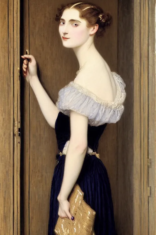 Image similar to lady in waiting by auguste toulmouche perfect detailed eyes, beautiful hands, pale skin, blonde hair, leaning on door, shift dress