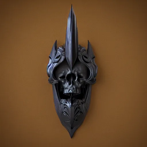 Prompt: a black long sword skull crest, orthographic, ornament, weapon, a 3 d render by dom qwek, front side views full, trending on polycount, artstation, hard surface modeling, rendered in maya, 3 ds max, blender, hd, vray