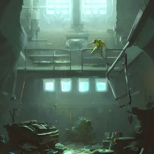 Image similar to A room inside of a sewer lair,The room is cluttered with clithes everywhere and space posters but up,bed, digital art from artstation by Andreas Rocha and Greg Rutkowski and Peter Mohrbacher