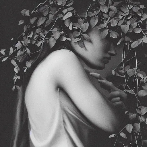 Image similar to “side profile of young woman blindfolded by vines”