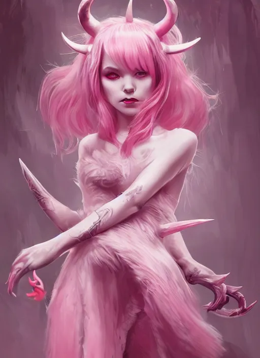 Image similar to a highly detailed illustration of cute pink haired pale demon girl with horns wearing pink dress wielding claws, dramatic claw pose, intricate, elegant, highly detailed, centered, digital painting, artstation, concept art, smooth, sharp focus, league of legends concept art, wlop.