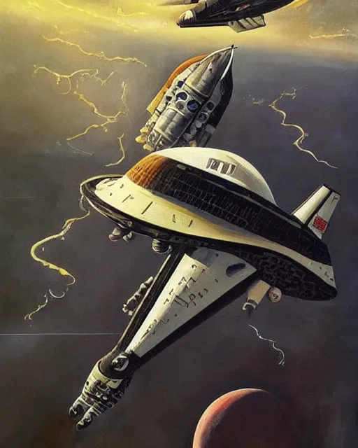 Prompt: a painting of a space shuttle and a space shuttle, concept art frank frazetta and jean giraud and dariusz zawadzki, trending on pinterest, space art, sci - fi, concept art, redshift
