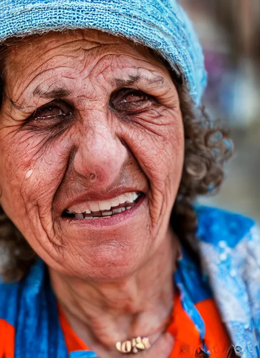 Image similar to Mid-shot portrait of a 60-year-old woman from Cyprus, happy, strong blue and orange colors, candid street portrait in the style of Martin Schoeller award winning, Sony a7R