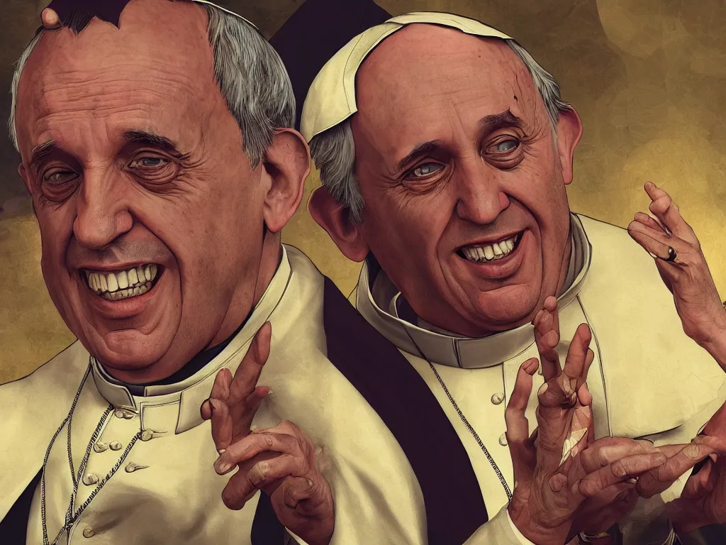 Prompt: pope francis digital art as the loading screen of GTA V, grand theft auto, golden hour lighting, graphic art, highly detailed