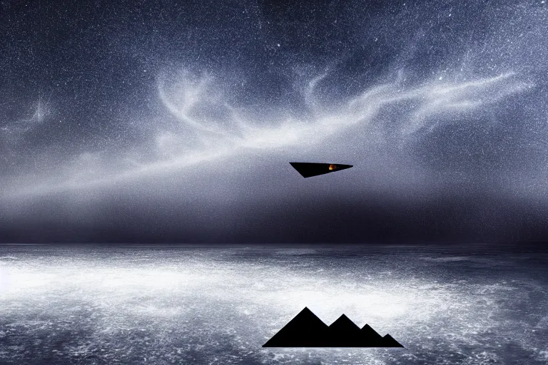 Prompt: a black triangular spaceship hovering over the ocean, near the beach, night time, volumetric fog, starry night, ominous