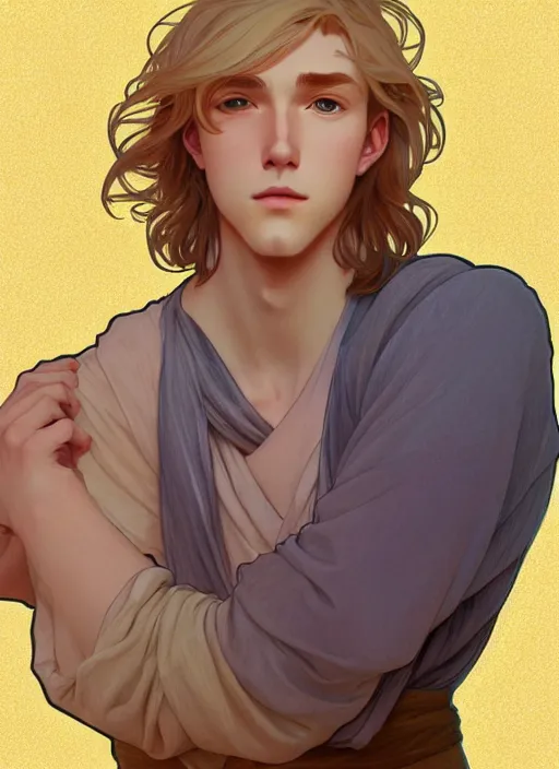 Image similar to pretty young man with shoulder length shiny shimmering golden blond hair, path traced, highly detailed, high quality, digital painting, by studio ghibli and alphonse mucha, leesha hannigan, disney