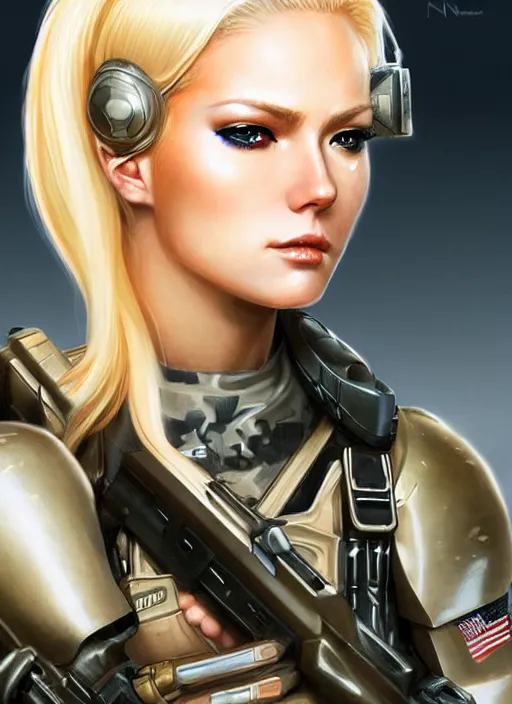 Prompt: a sexy alluring blonde american sniper girl in war, with futuristic gear and helmet, portrait by nina masic and ross tran and miho hirano, detailed, epic video game art, warm color tone