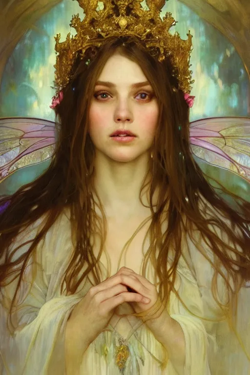 Image similar to hyperrealist portrait of a fairy girl emperorit is decorated with long robes that fall like stars and wears a huge crown. by jeremy mann and alphonse mucha, fantasy art, photo realistic, dynamic lighting, artstation, poster, volumetric lighting, very detailed faces, 4 k, award winning