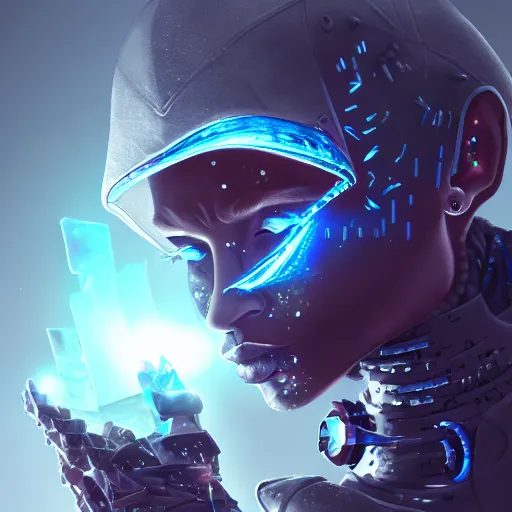 Prompt: an evil cybernetic magician releasing ice spell, cyberpunk concept art, trending on artstation, highly detailed, intricate, sharp focus, digital art, 8 k