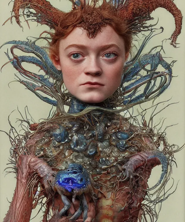 Prompt: a portrait photograph of a fierce sadie sink as an alien harpy queen with blue slimy amphibian skin. she is trying on evil bulbous slimy organic membrane fetish fashion and transforming into a fiery succubus amphibian apple. by donato giancola, walton ford, ernst haeckel, brian froud, hr giger. 8 k, cgsociety