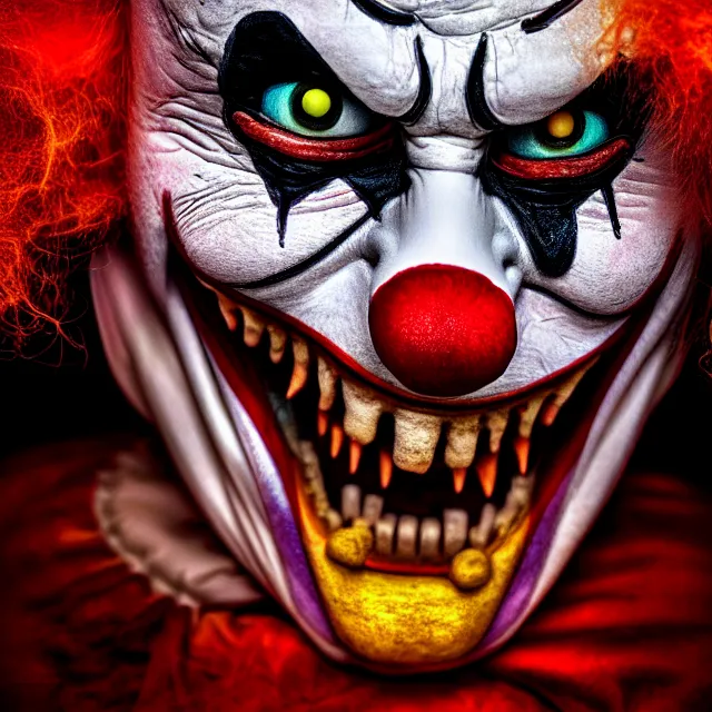 Prompt: scary clown hiding under bed highly detailed, 8 k, hdr, smooth, sharp focus, high resolution, award - winning photo