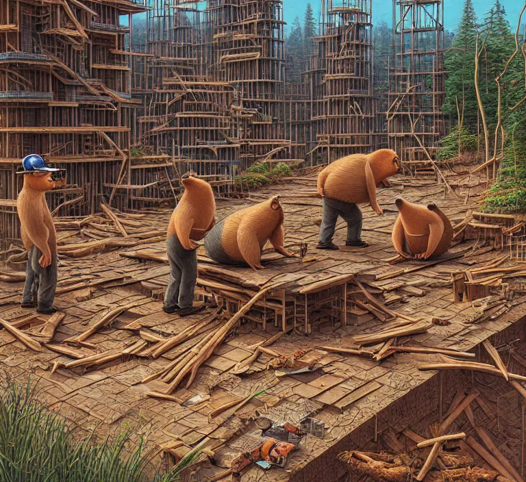 Image similar to photography hyperrealism concept art of highly detailed anthropomorphic beavers builders that building futuristic city with sticks by hasui kawase and scott listfield sci - fi style hyperrealism