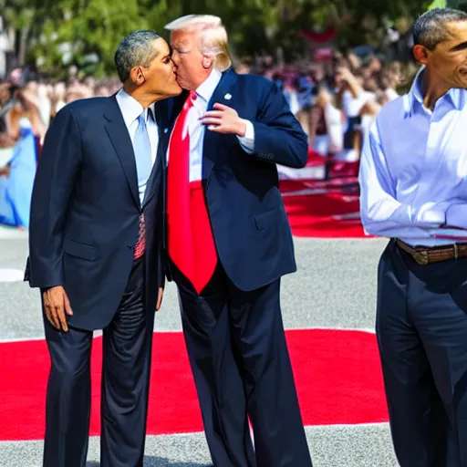 Image similar to obama going in for a kiss with donald trump , obama kissing donald trump , 8k , professional photography