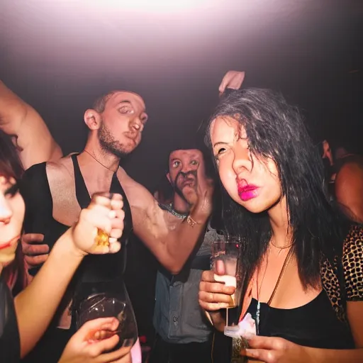 Prompt: photos of a wild underground party taken by merlin bronques, lastnightsparty
