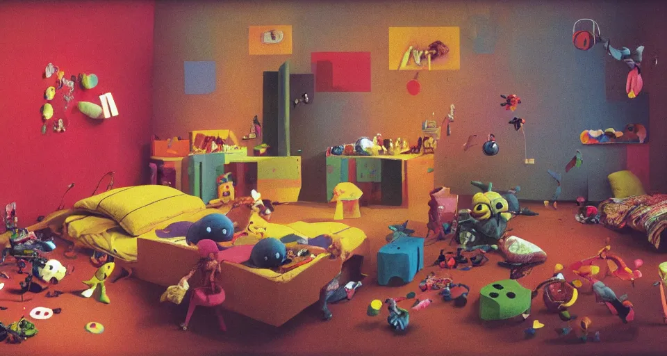 Prompt: IKEA catalogue photo, colorful children's bedroom, rainbow, toys, mayhem, pictures on walls, organic, by Beksiński