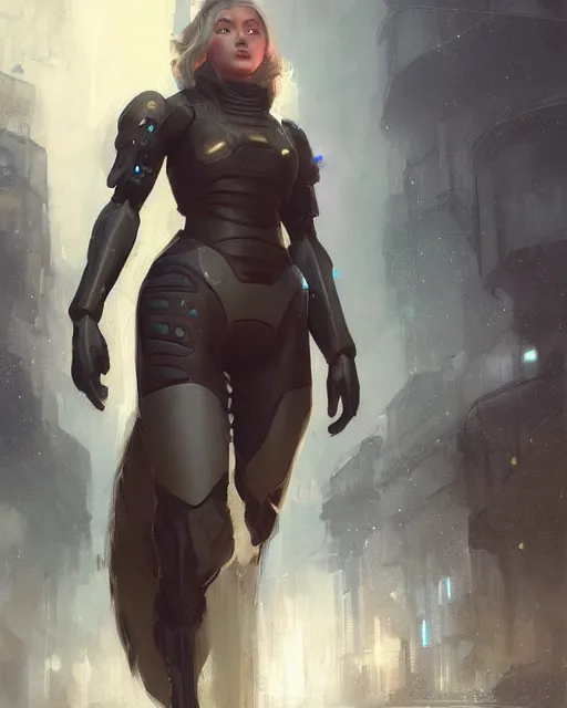 Image similar to girl wearing futuristic space armor walking on a street in prague, official art, by charlie bowater, by jeremy lipking, realistic expressive digital art, gorgeous attractive face, cgscociety