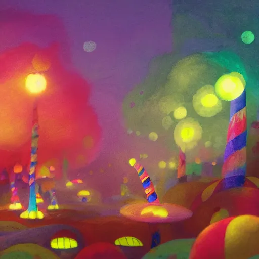 Image similar to a matte digital painting of candyland at night, bokeh, bright colours, watercolor, volumetric crayon felting, macro photography, children illustration, by goro fujita