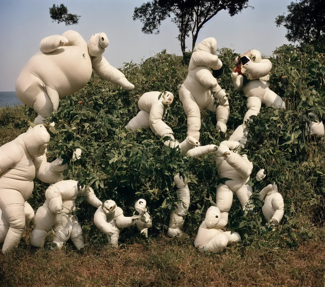 Image similar to a 3 5 mm photography, kodachrome colour of grandpas fighting with white michelin man costume, hippos and alien plants around, beach and sunset backlight, photos taken by martin parr with strong flash on camera