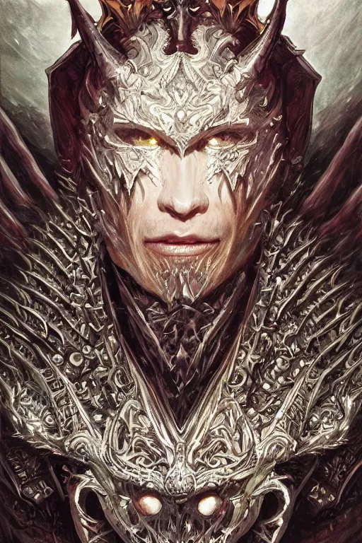 Prompt: portrait of the Demon King, demonic armor, demonic crown, fantasy, intricate, realistic, cinematic lighting, highly detailed, digital painting, Artstation, concept art, smooth, sharp focus, illustration, art by Artgerm and Greg Rutkowski and Alphonse Mucha, in style of Yoshitaka Amano