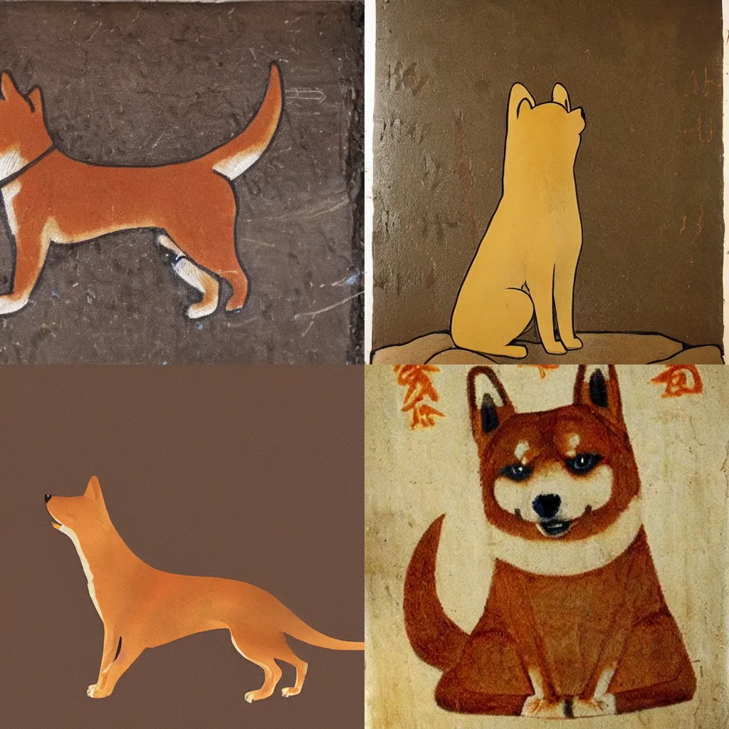 Prompt: ancient cave painting of a shiba inu god