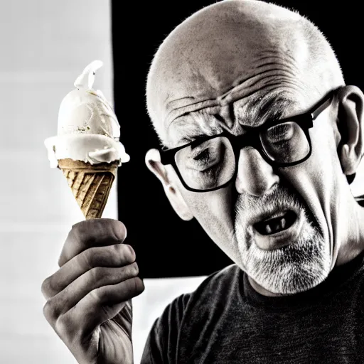 Prompt: very old wrinkly bald guy angrily eating an ice cream cone