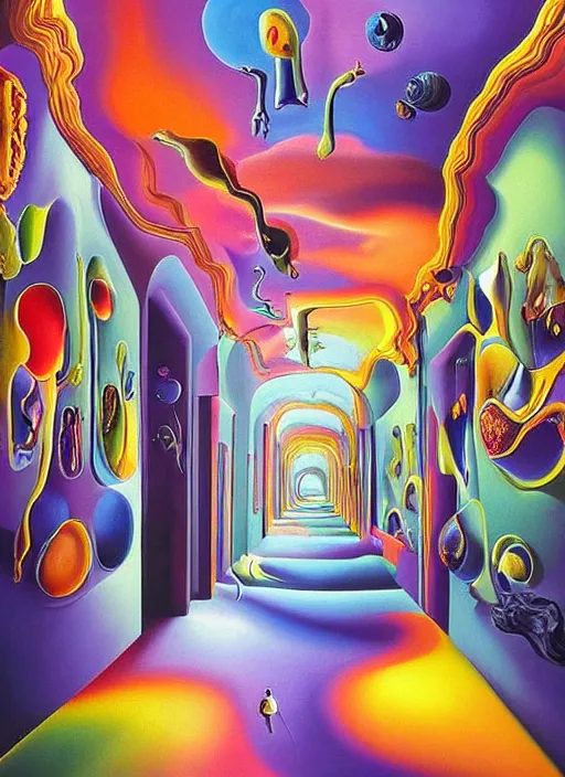 Prompt: an extremely high quality hd surrealism painting of a 3d slow-shutter galactic neon complimentary colored cartoon surrealism melting optical illusion hallway by kandsky and salviadoor dali the seventh, salvador dali's much much much much more talented painter cousin, 4k, ultra realistic, super realistic, so realistic that it changes your life