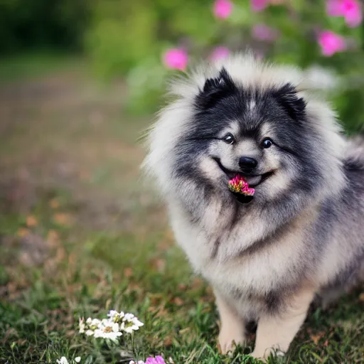 Image similar to a keeshond puppy smelling a flower, sigma 8 5 mm f / 1. 4