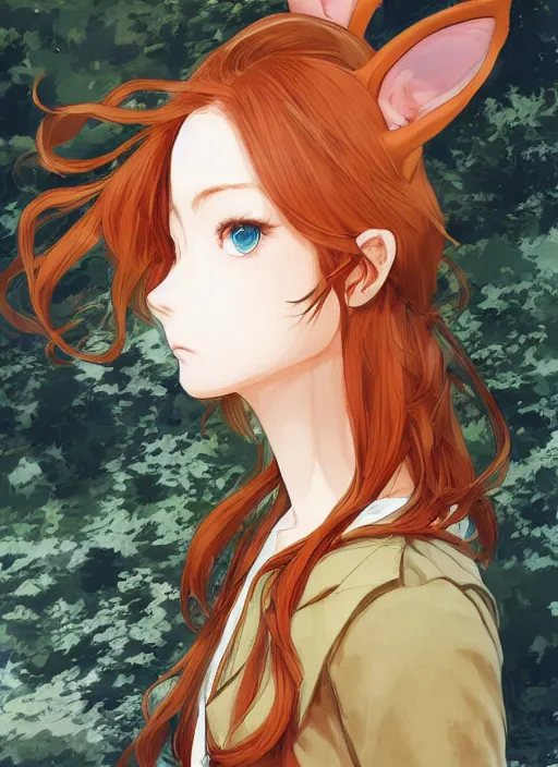 Image similar to girl with fox ears, tired eyes, long wavy orange hair, light brown trenchcoat, forest background, focus on face, pretty, moody lighting, painterly, illustration by shigenori soejima, by tatsuki fujimoto, by yoji shinakawa