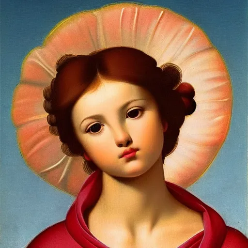 Image similar to Beautiful girl, calm face, closeup, fruits, ultra detailed, Guido Reni style, Raphael style