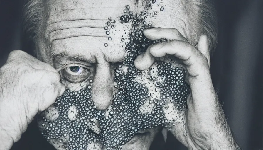 Image similar to 7 0 s movie still of a old man with trypophobia mouth, cinestill 8 0 0 t 3 5 mm, heavy grain, high quality, high detail