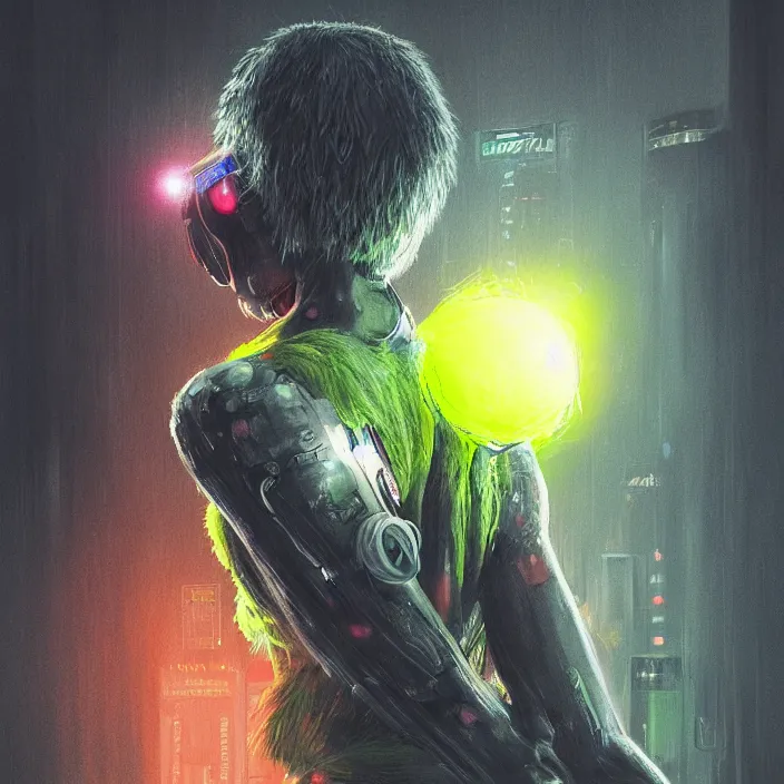 Image similar to cinematic portrait of a cute tennis ball monster, cyberpunk, bladerunner, chalk, masterpiece, trending on artstation, featured on pixiv, cinematic composition, dramatic pose, beautiful lighting, sharp details, hyper - detailed, hd, hdr, 4 k, 8 k, art by basil gogos