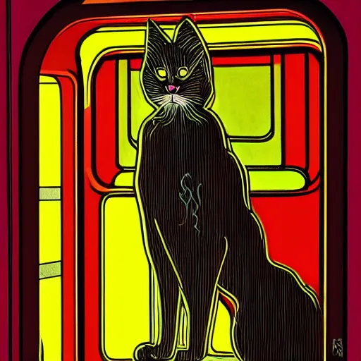 Image similar to an art nouveau cat wearing a hooded cloak, in an elevator with neon panelling, by moebius and james gurney
