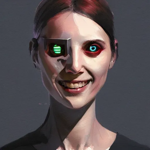 Image similar to Portrait of a woman by Greg Rutkowski, symmetrical face, a woman using a VR Headset covering her eyes, Kubric Stare, crooked and uncanny smile smile, she's wearing an office outfit, highly detailed portrait, scifi, digital painting, artstation, book cover, cyberpunk, concept art, smooth, sharp foccus ilustration, Artstation HQ